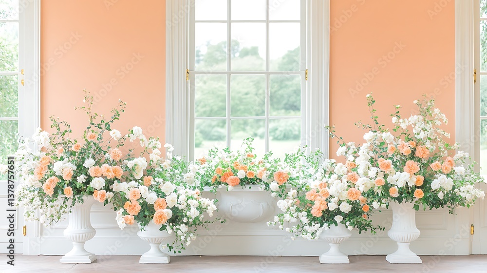 Floral arrangements adorn the room in front of the large window Floral arrangements adorn the room in front of the large window