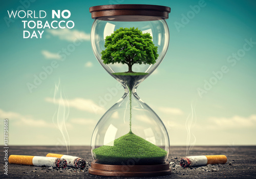 World no tobacco day concept: hourglass tree with broken cigarettes for health awareness design