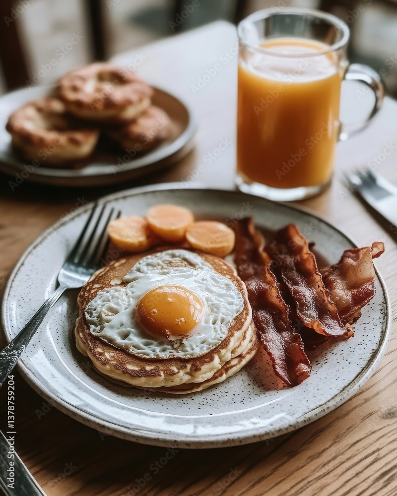 Delicious Breakfast Plate with Pancakes, Eggs, Bacon, and Juice Delicious Breakfast Plate with Pancakes, Eggs, Bacon, and Juice