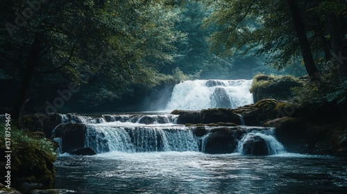 Cascading river over mossy rocks and small waterfalls in a tranquil forest setting
