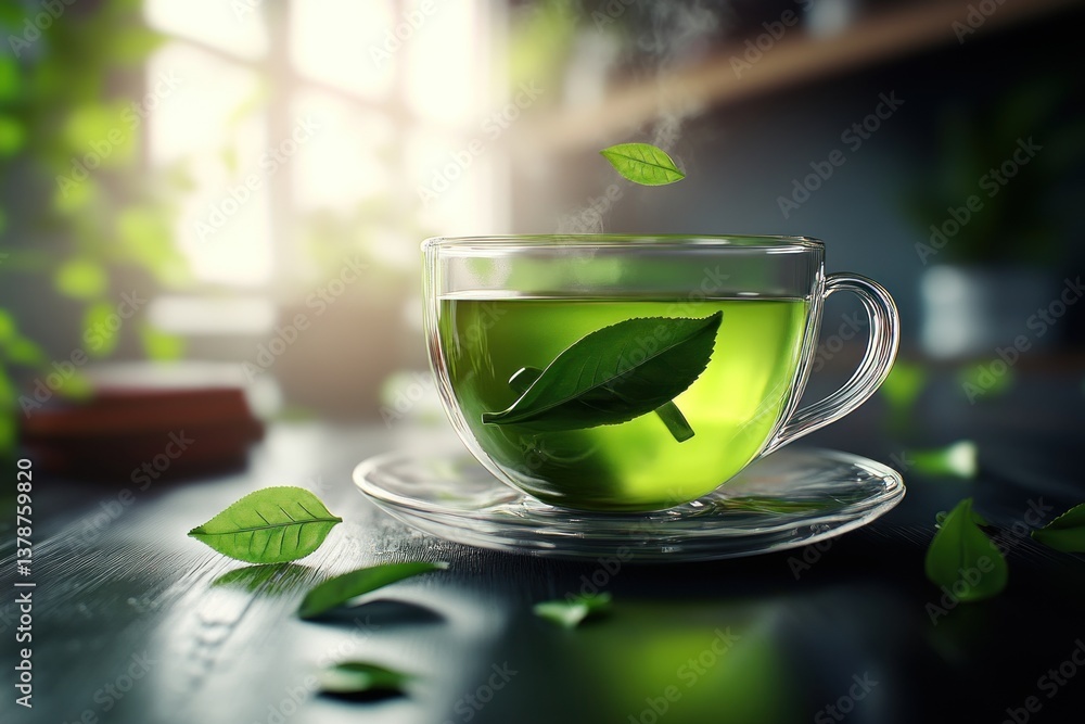 Cup of freshly brewed green tea with tea leaves floating inside, photorealistic lighting. Cup of freshly brewed green tea with tea leaves floating inside, photorealistic lighting.