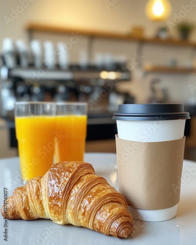 Fresh Croissant with Coffee and Juice at Modern Cafe Table Setting