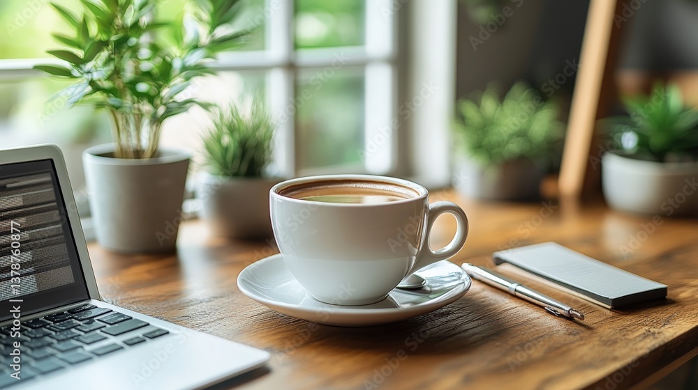 Cozy workspace with a coffee cup on a wooden table, laptop, and greenery in the background Cozy workspace with a coffee cup on a wooden table, laptop, and greenery in the background