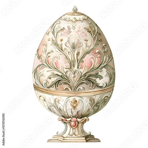 Intricate hand crafted golden Easter egg with delicate engraved patterns in soft pastel hues and a timeworn aged patina
