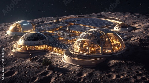 Futuristic crater like moon colony design featuring dome shaped habitats solar panel fields AI integrated modular living pods and an extraterrestrial architectural vision built for lunar exploration