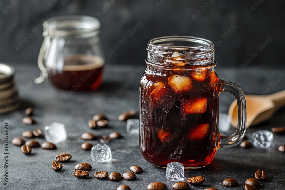 Cold brew coffee with ice cubes in a mason jar, rich dark color, transparent background. Cold brew coffee with ice cubes in a mason jar, rich dark color, transparent background.