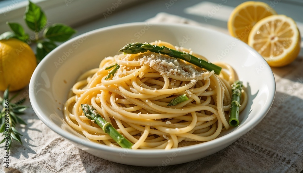 Lemon and asparagus spaghetti in a bright kitchen setting Lemon and asparagus spaghetti in a bright kitchen setting