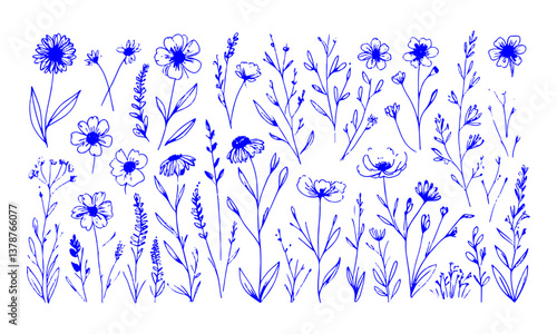 Modern vector illustration featuring a collection of hand-drawn botanical doodles, easily editable.
