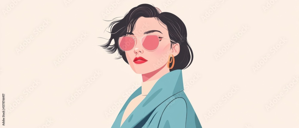 Stylish Asian woman with short hair wearing pink sunglasses and blue jacket in a modern fashion illustration Concept of beauty, style, and elegance Stylish Asian woman with short hair wearing pink sunglasses and blue jacket in a modern fashion illustration Concept of beauty, style, and elegance
