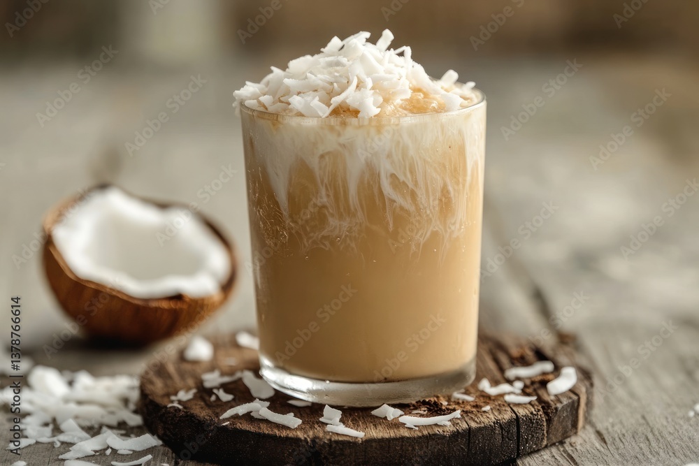 Coconut iced coffee in a glass with shredded coconut garnis Coconut iced coffee in a glass with shredded coconut garnis