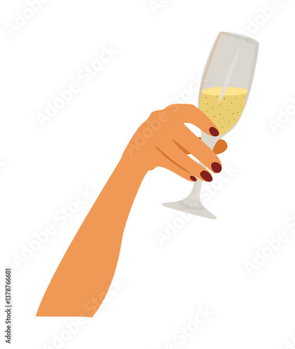 Female hand holding glass of Champagne or sparkling wine. Hand drawn colorful Vector illustration. Celebration concept. Christmas or new year Gretting card, Party Invitation, Poster. Isolated