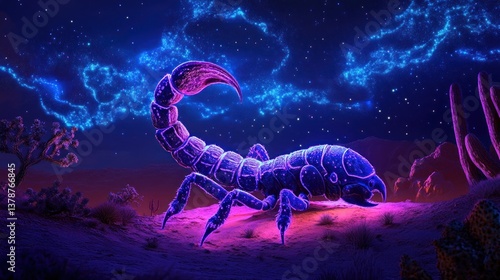 Neon glowing scorpion in a midnight desert landscape, a cosmic arachnid dream