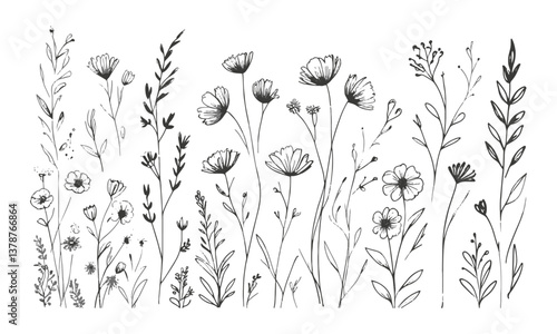 Modern vector illustration featuring a collection of hand-drawn botanical doodles, easily editable.