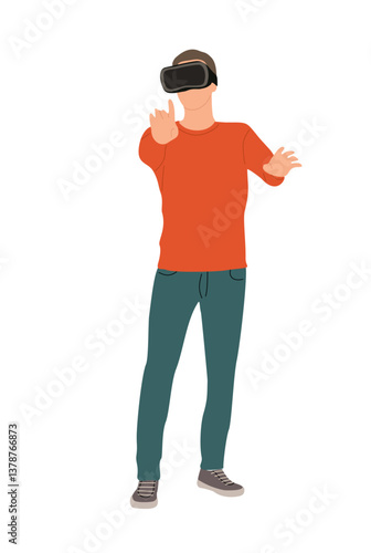 Young man in virtual reality headset. Guy wearing digital glasses travel in metaverse. Modern technologies. Flat Vector illustration isolated