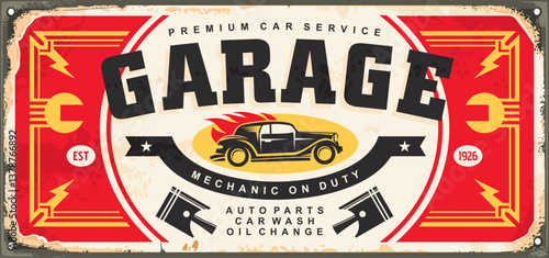 Garage car service and repair old advertising sign with car silhouette. Auto service retro poster design. Transportation vector illustration.