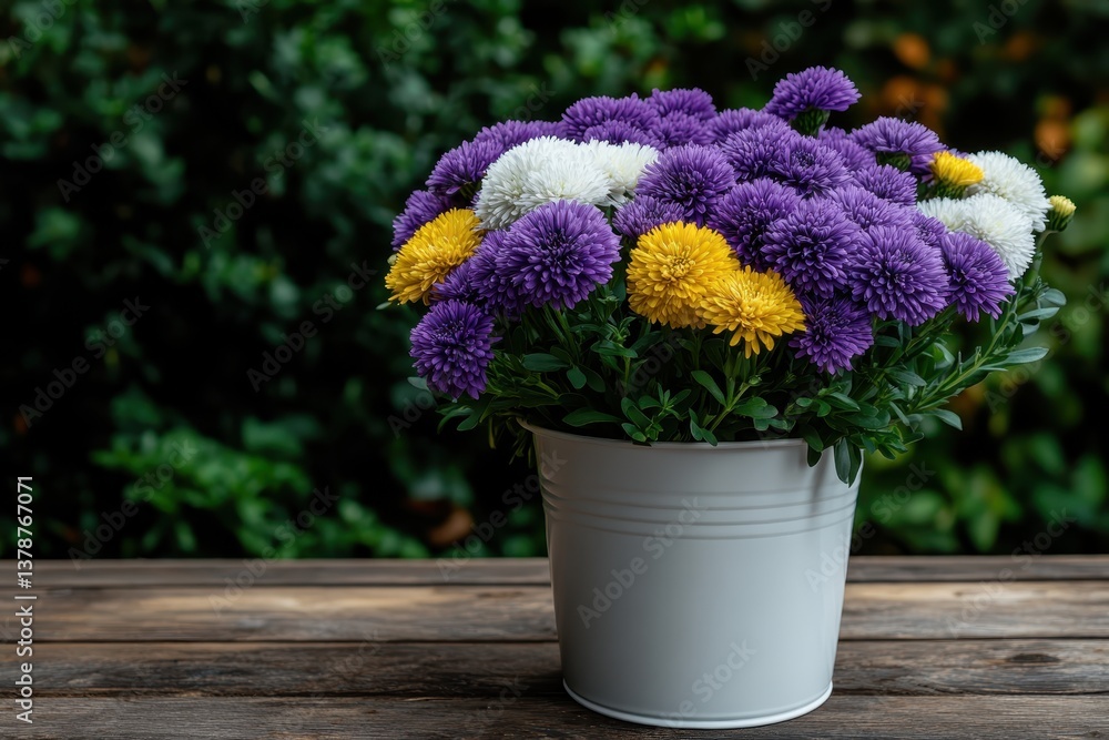 Colorful bouquet of aster flowers standing in white metal bucket on wooden table Colorful bouquet of aster flowers standing in white metal bucket on wooden table
