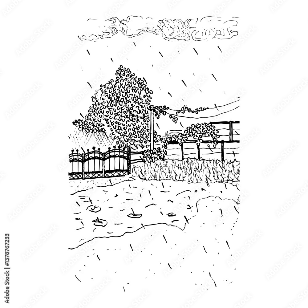 Sketch landscape. Background with street. Hand drawn illustration.