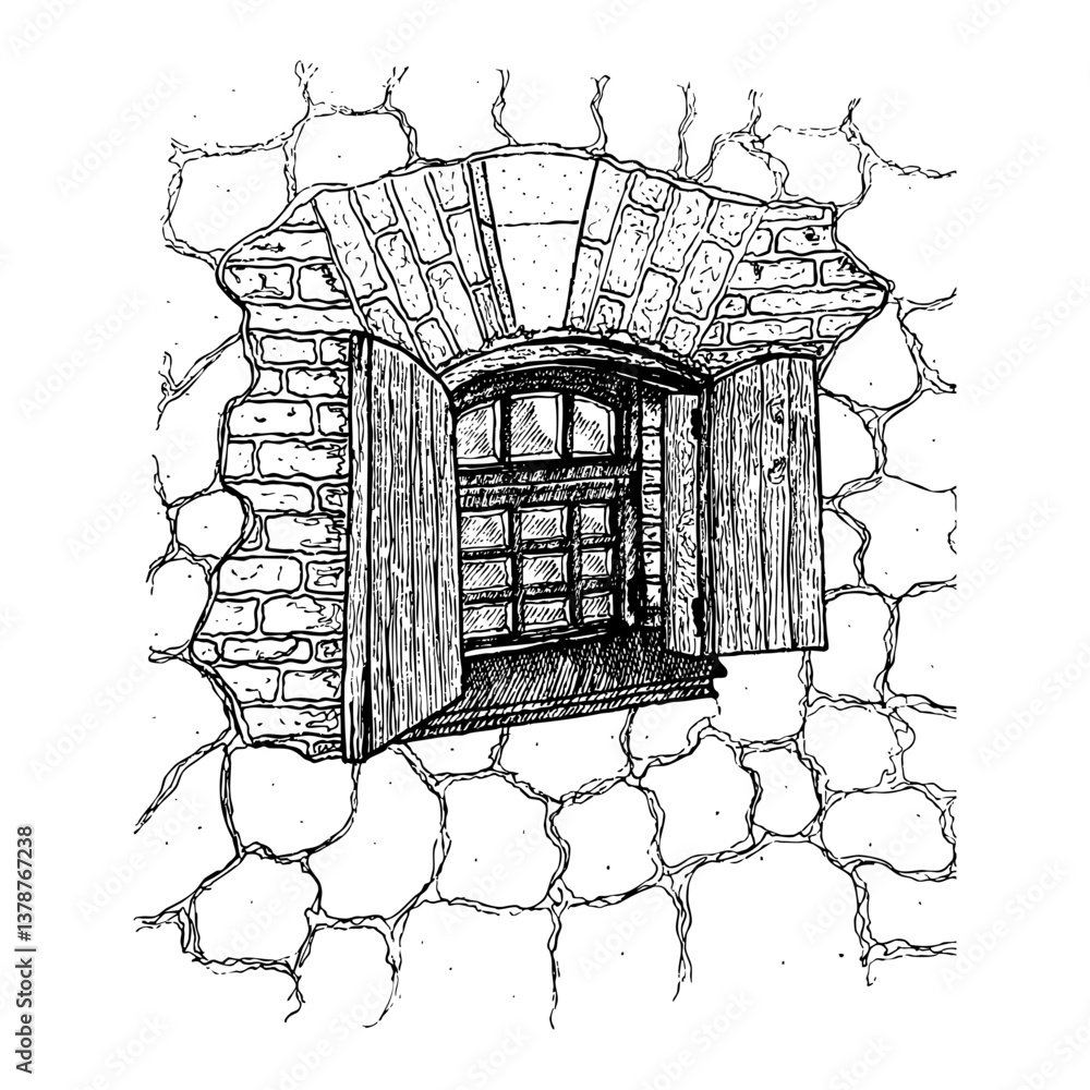 Sketch with vintage window. Hand drawn illustration.