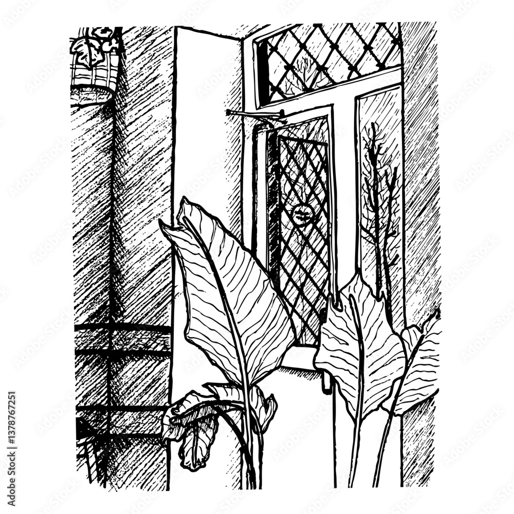 Cafe in sketch style. Background with street. Hand drawn illustration.