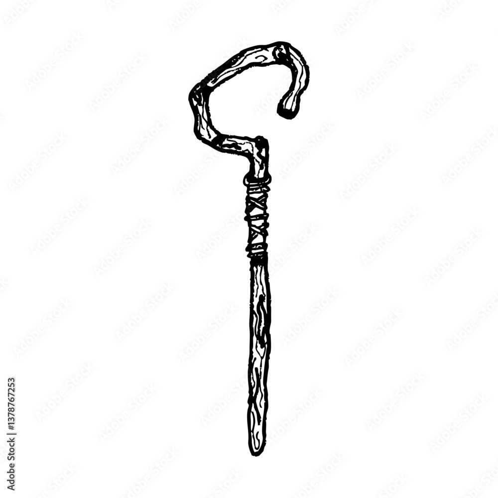 Sketch shepherd staff. Crook illustration. Hand draw.