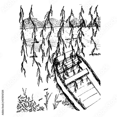 Sketch landscape. Background with lake and wooden boat. Hand drawn illustration.