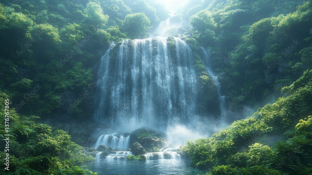 Majestic waterfall amidst lush forest with mist and sunlight Majestic waterfall amidst lush forest with mist and sunlight