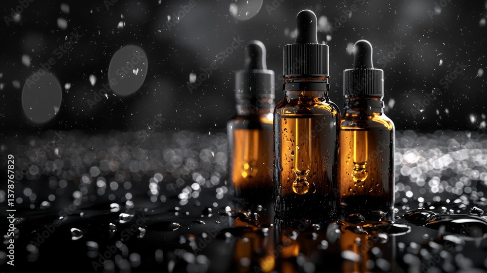 Stylish amber dropper bottles with liquid, set against a wet background, evoking a sense of luxury and wellness. Stylish amber dropper bottles with liquid, set against a wet background, evoking a sense of luxury and wellness.