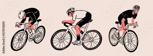 People in helmets, sport suits riding bicycles. Various positions. Cyclists in movement set. Ride, cycling, bicycle, sport concept. Hand drawn modern Vector illustration. Isolated design elements