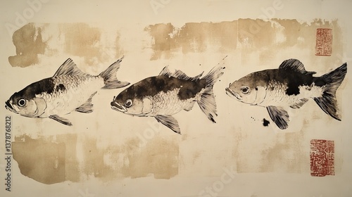 Seawater fish imprinted with black ink on rice paper in traditional japanese gyotaku technique
