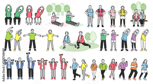 Vector illustration set of seniors exercising.運動するシニアセット