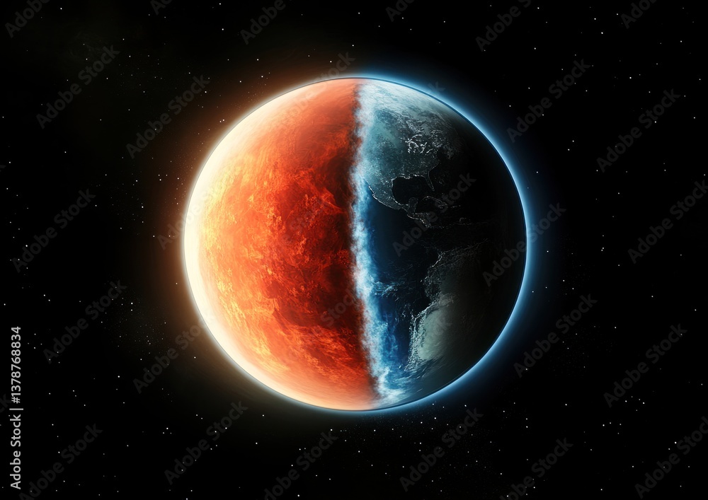 Obraz premium A globe split in two showing contrasting fiery and icy halves