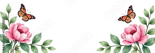 Watercolor hand painted nature romantic banner frame with green eucalyptus plants, pink blossom peony flowers and butterflies on the white background for invitations and greeting cards, invitations