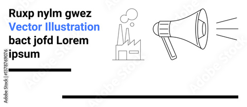 Loudspeaker amplifying sound waves next to a factory emitting smoke. Ideal for industry, communication, alert systems, environment, announcements, corporate branding, simple landing page