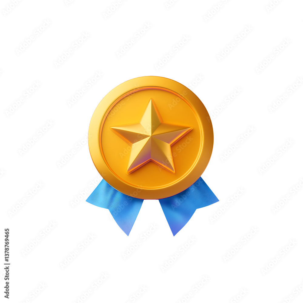 3D render, Award ribbon, yellow circular medal, blue ribbon, golden star emblem isolated on transparent background png 3D render, Award ribbon, yellow circular medal, blue ribbon, golden star emblem isolated on transparent background png