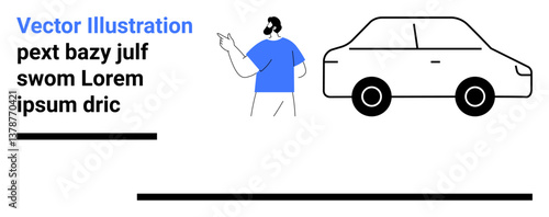 Man gesturing towards a compact car, surrounded by minimalistic design elements and placeholder text. Ideal for automotive themes, guidance, directions, presentation, learning, marketing, and simple