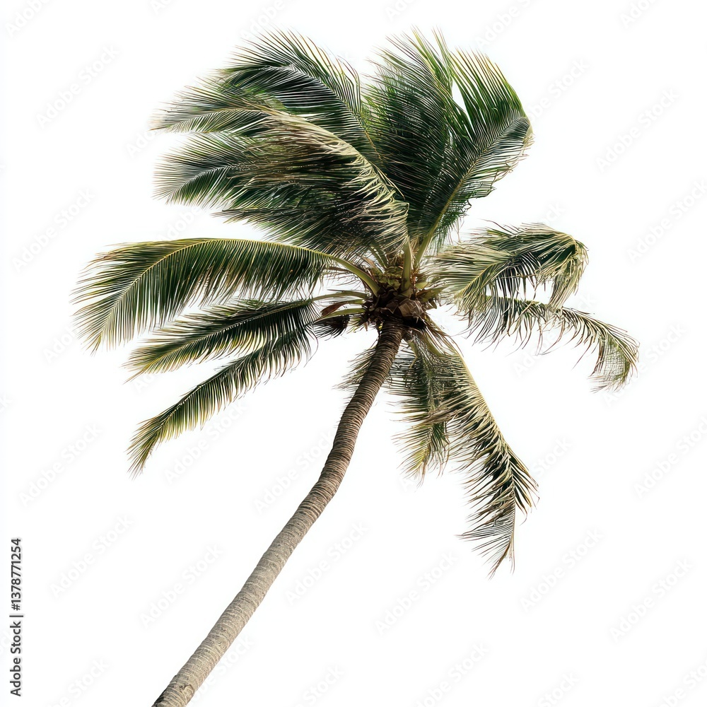 Fototapeta premium Beachside palm tree swaying in the wind, isolated from background