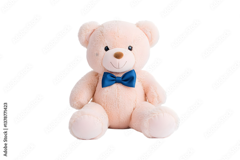 A light pink teddy bear wearing a blue bow tie sitting on a black background A light pink teddy bear wearing a blue bow tie sitting on a black background