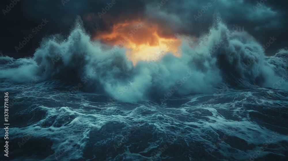 Fototapeta premium Rising waves meet cracked ice under a stormy sky, a stark reminder of sea level urgency.