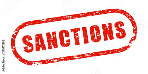 Red grunge text SANCTIONS inside oval rubber stamp isolated on transparent background. Vector symbol, sign. Global trade bans, government restrictions, tariffs, financial blockade, economic warfare