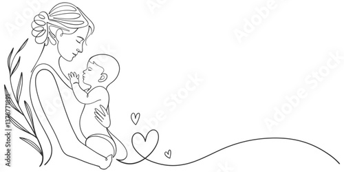 Happy Mother's Day card. Woman holding baby in line art style. Vector illustration