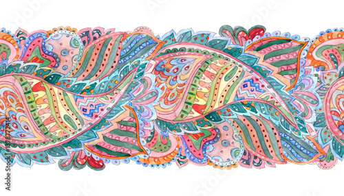 seamless border with abstract pattern of paisley. watercolor painting