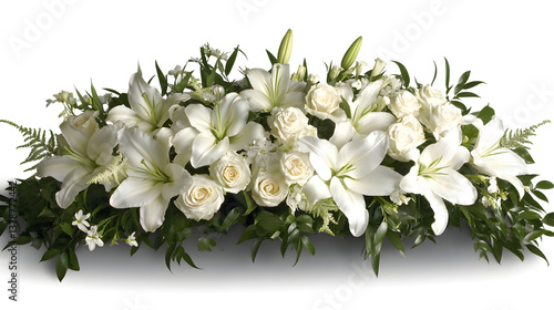 A heartfelt funeral bouquet of white lilies and roses, with delicate touches of greenery symbolizing peace and tranquility.