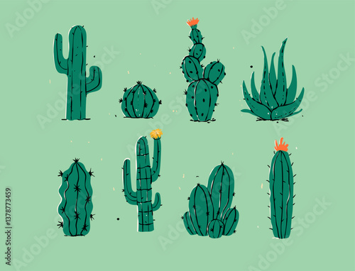 Cactus icons in a flat style on background. Home plants cactus nd with flowers. A variety of decorative cactus with prickles and without. Cactus logo