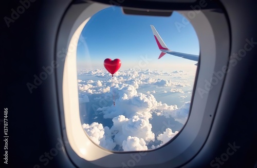 View from the plane window to the sky with clouds and heart shape red balloon