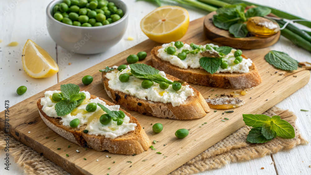 Crunchy, toasted sourdough slices topped with creamy ricotta cheese, sweet spring peas, and a drizzle of honey. Fresh mint leaves and lemon zest add a burst of color and freshness Crunchy, toasted sourdough slices topped with creamy ricotta cheese, sweet spring peas, and a drizzle of honey. Fresh mint leaves and lemon zest add a burst of color and freshness