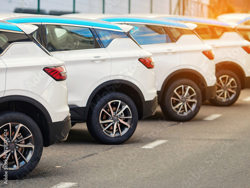 Parked cars in an organized row on paved road. White SUV cars fleet, stocks at dealership parking lot. Modern automobile designs, rental vehicle options, and the urban transportation system