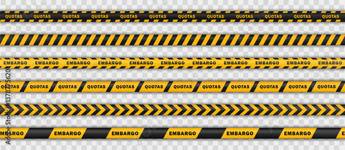 Yellow-black striped tapes with repeated EMBARGO and QUOTAS text on transparent background. Barrier ribbons, Barricade warning lines for geopolitical trade visuals and global economy crisis designs