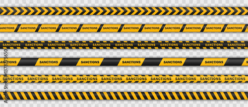 Set of seamless yellow and black striped warning lines, barrier tapes with SANCTIONS text. Barricade ribbons for political restrictions and international penalties. Isolated on transparent background