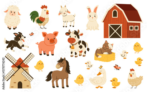 Flat style illustration of cute farm animals, barn, windmill, and chicks in a playful setting