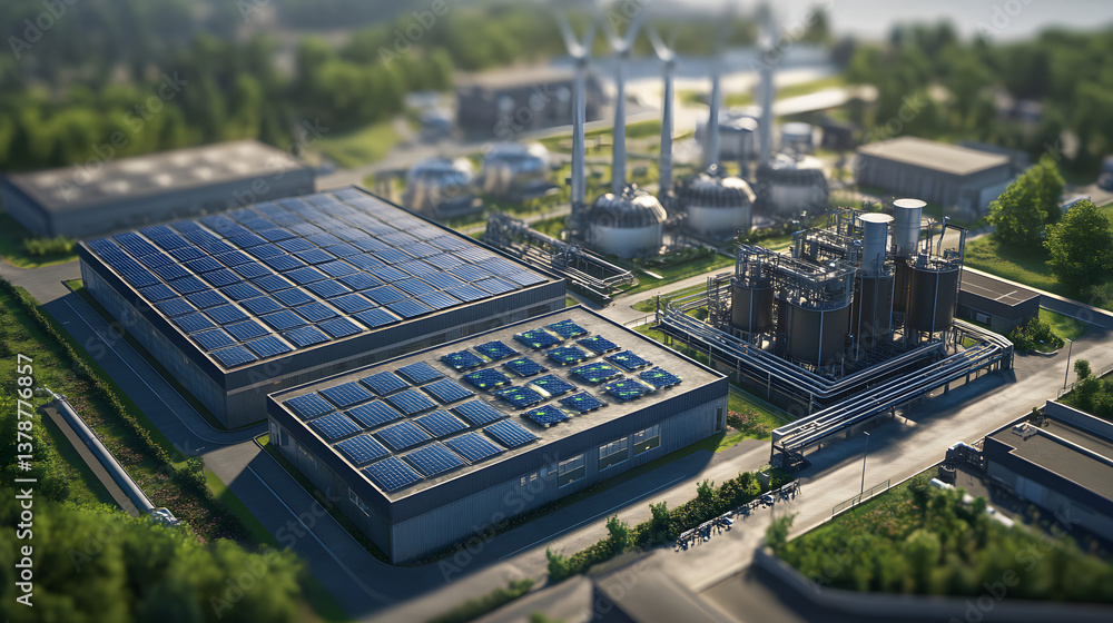 A hybrid solar and wind energy station in an industrial zone, helping to power factories and businesses with renewable energy. A hybrid solar and wind energy station in an industrial zone, helping to power factories and businesses with renewable energy.
